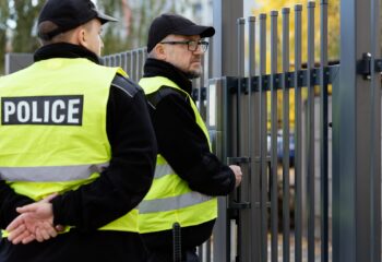 Two policemen stand in front of the entrance gate to the house during home intervention