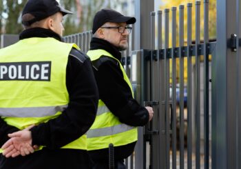 Two policemen stand in front of the entrance gate to the house during home intervention