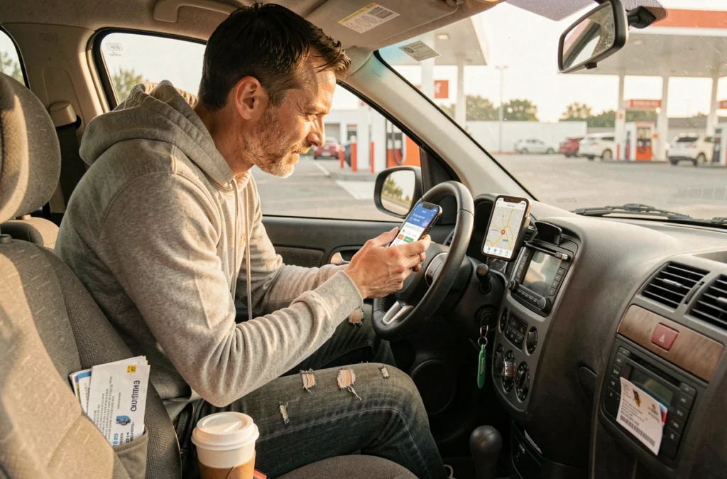 Automobiliste utilisant une application mobile pour trouver l'essence la moins chère