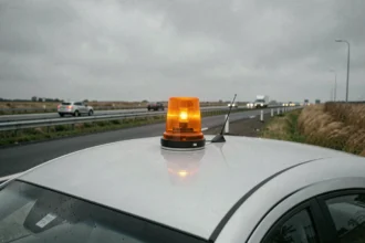 Balise V-16 aimantée fixée sur le toit d'une voiture sur le bord d'une autoroute par vent fort