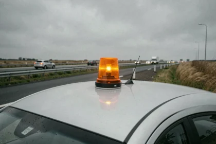 Balise V-16 aimantée fixée sur le toit d'une voiture sur le bord d'une autoroute par vent fort