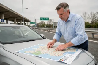 Homme consultant une carte routière de France dépliée sur le capot d'une voiture près d'une autoroute