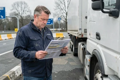 Chauffeur routier consultant une réglementation de circulation pour poids lourds dans une aire d'autoroute française