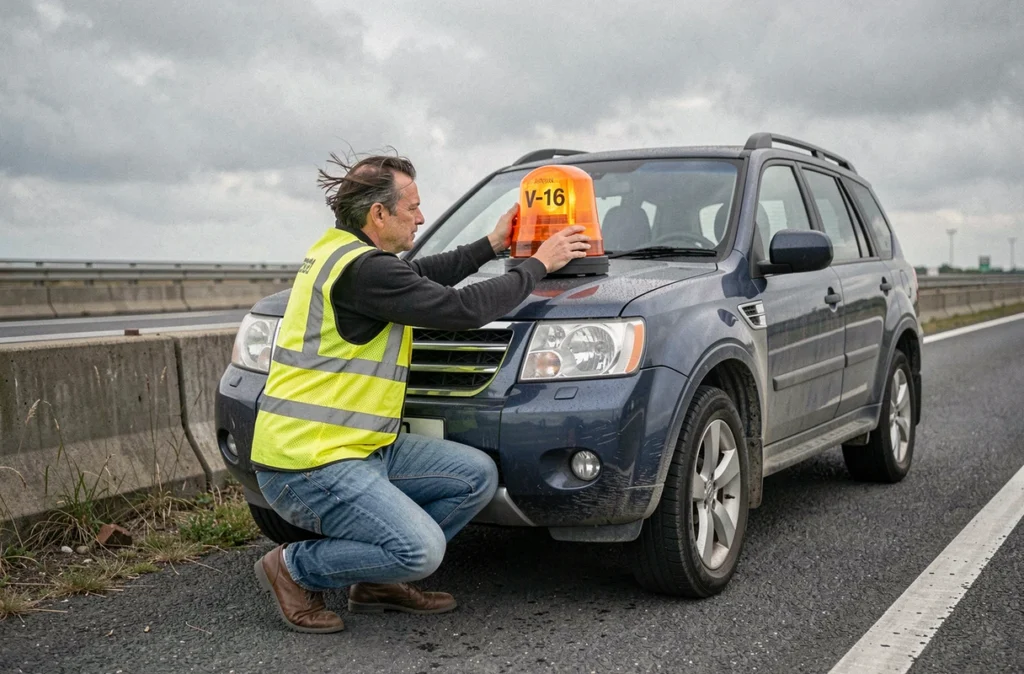 Conducteur en gilet de sécurité posant une balise V-16 magnétique sur le toit de son SUV en panne sur l'autoroute
