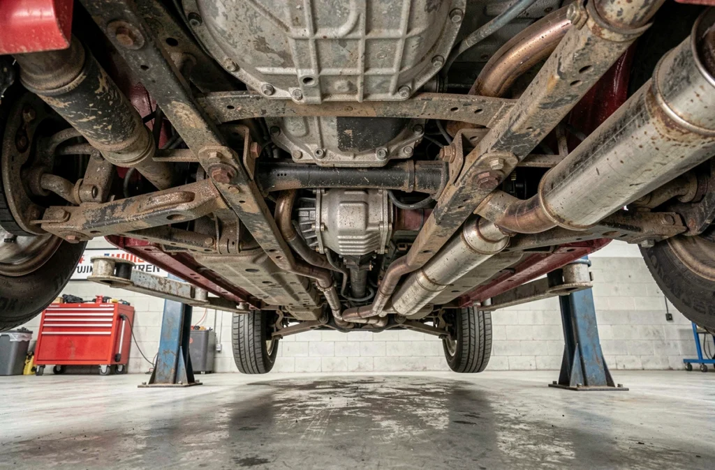 Dessous de caisse d'une Subaru Impreza WRX sur pont élévateur révélant la transmission intégrale et l'échappement lors d'une inspection