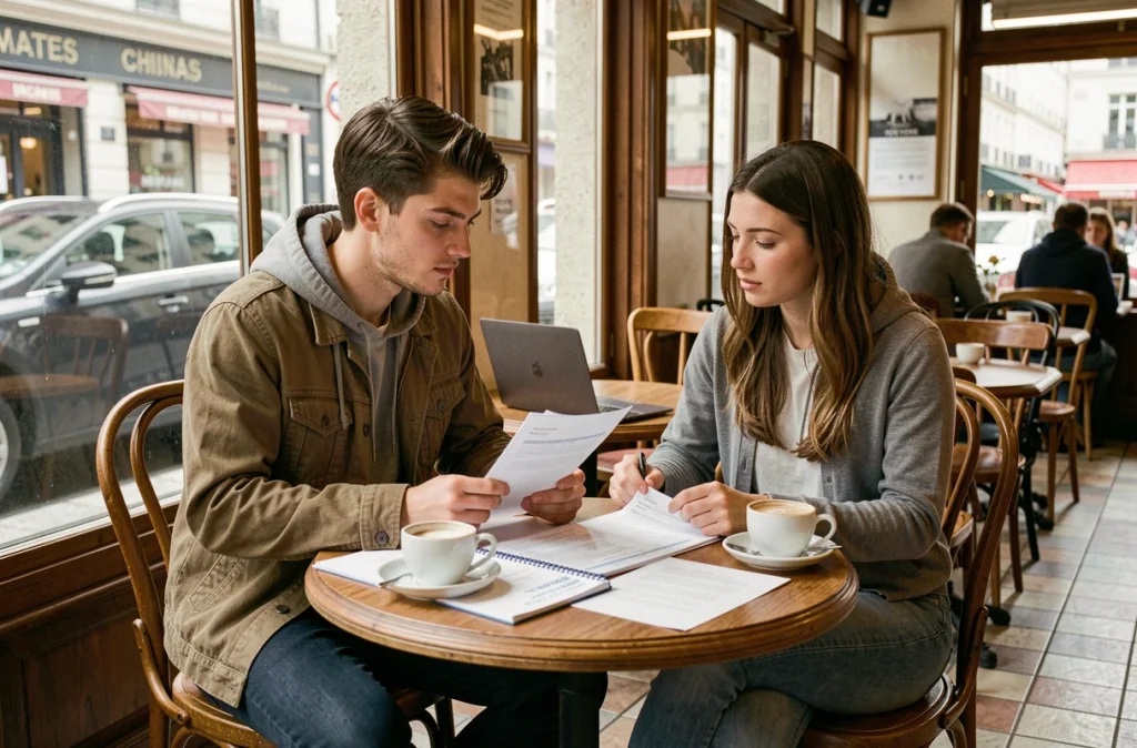 Deux jeunes adultes discutant des démarches d'inscription à l'examen du permis de conduire dans un café avec des documents et un ordinateur