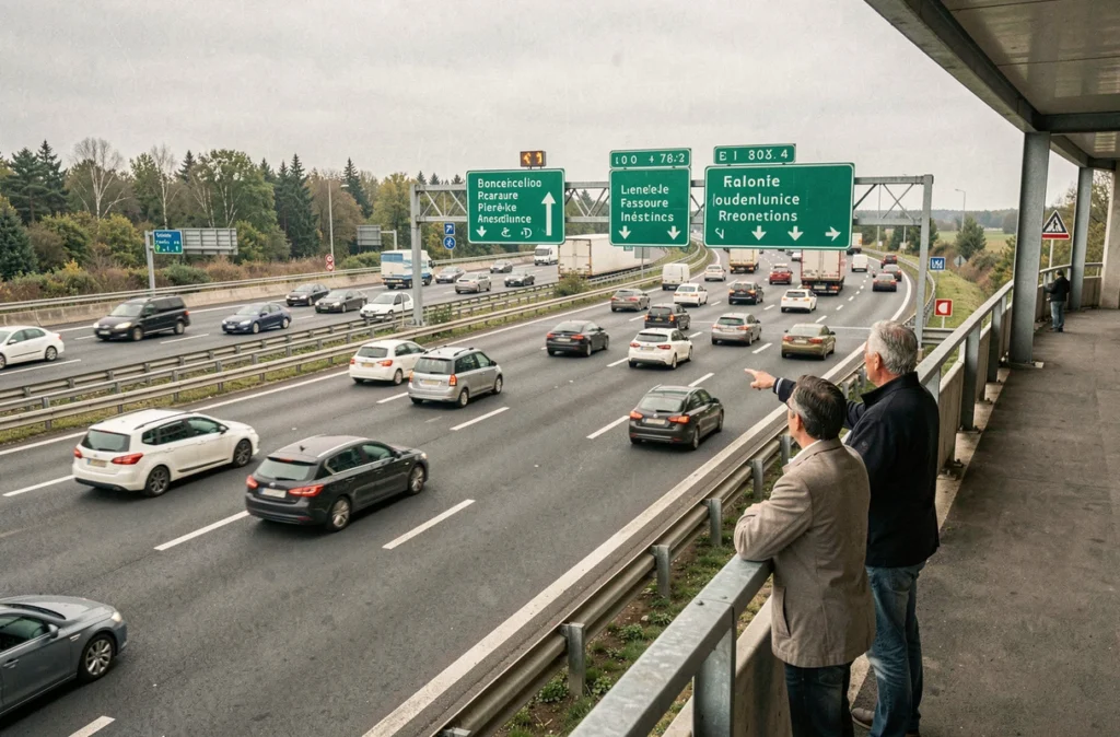 Vue en surplomb d'un échangeur d'autoroute français avec panneaux de direction et portique de péage