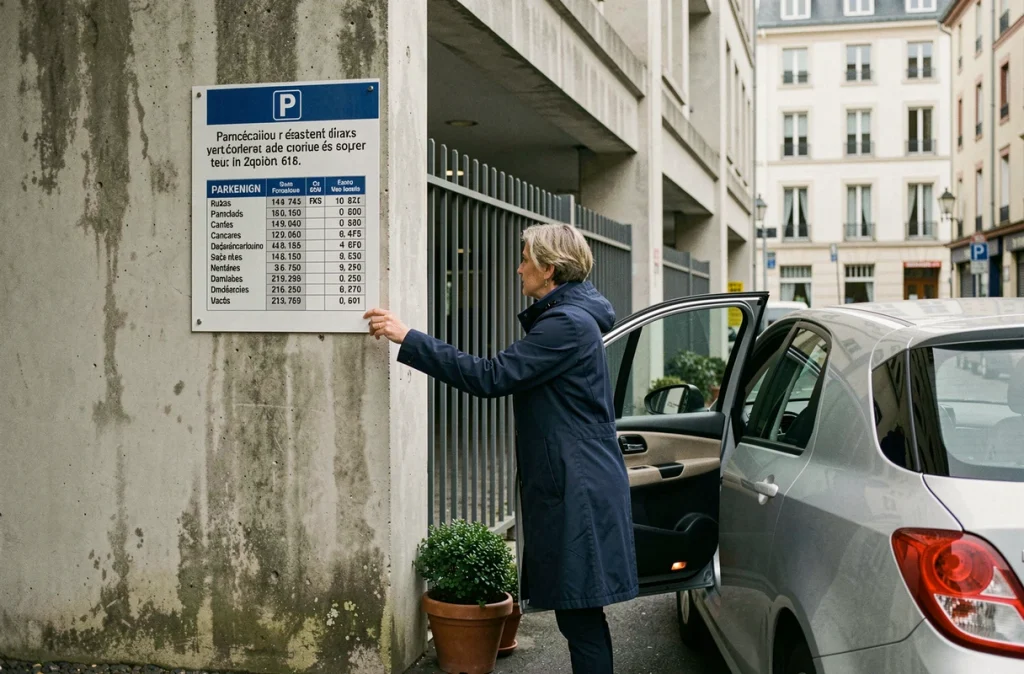 Femme sortant de sa voiture à l'entrée d'un parking couvert près d'un hôtel en centre-ville de Colmar