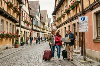 Famille avec valises cherchant un parking en centre-ville de Colmar près des maisons à colombages alsaciennes