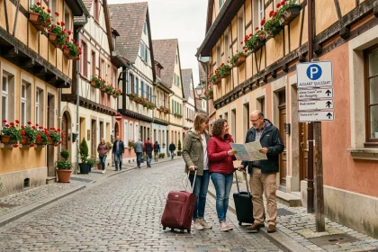 Famille avec valises cherchant un parking en centre-ville de Colmar près des maisons à colombages alsaciennes