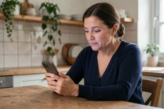 Femme utilisant l'application mobile Groupama sur son smartphone dans une cuisine moderne