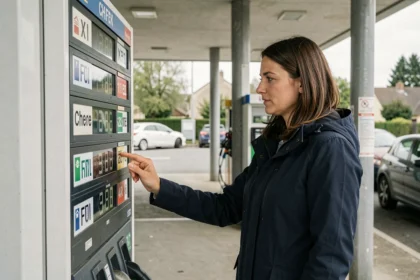 Femme comparant les prix de l'essence sur l'affichage d'une station-service en France