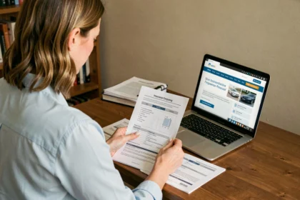 Femme comparant des offres d'assurance auto sur un ordinateur portable avec des documents imprimés sur un bureau en bois