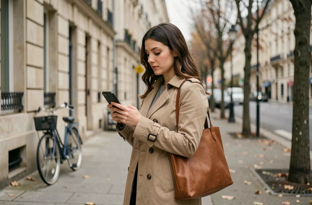 Jeune femme cherchant le numéro d'assistance Groupama sur son téléphone dans une rue française