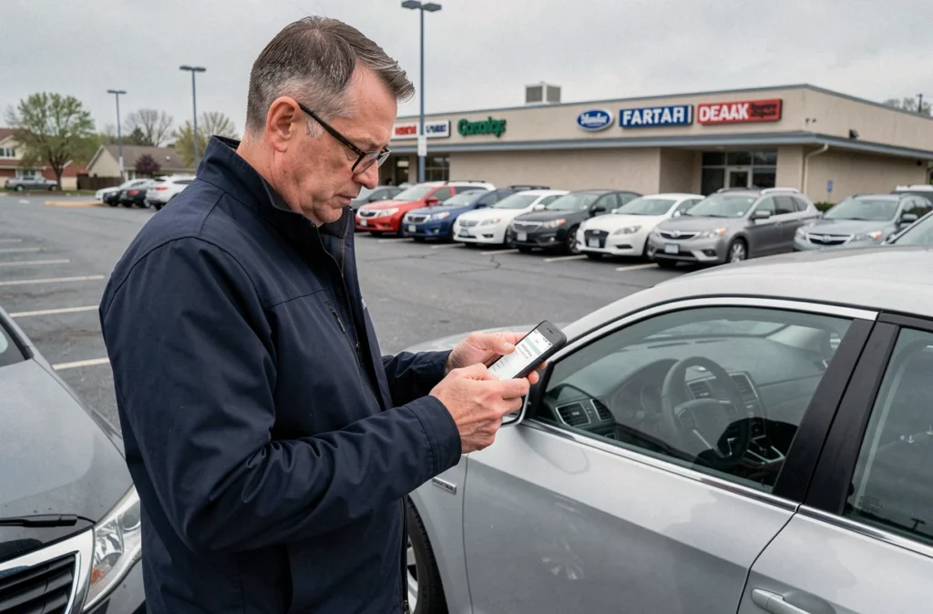 Homme consultant un comparateur d'assurance auto sur smartphone à côté de sa voiture dans un parking