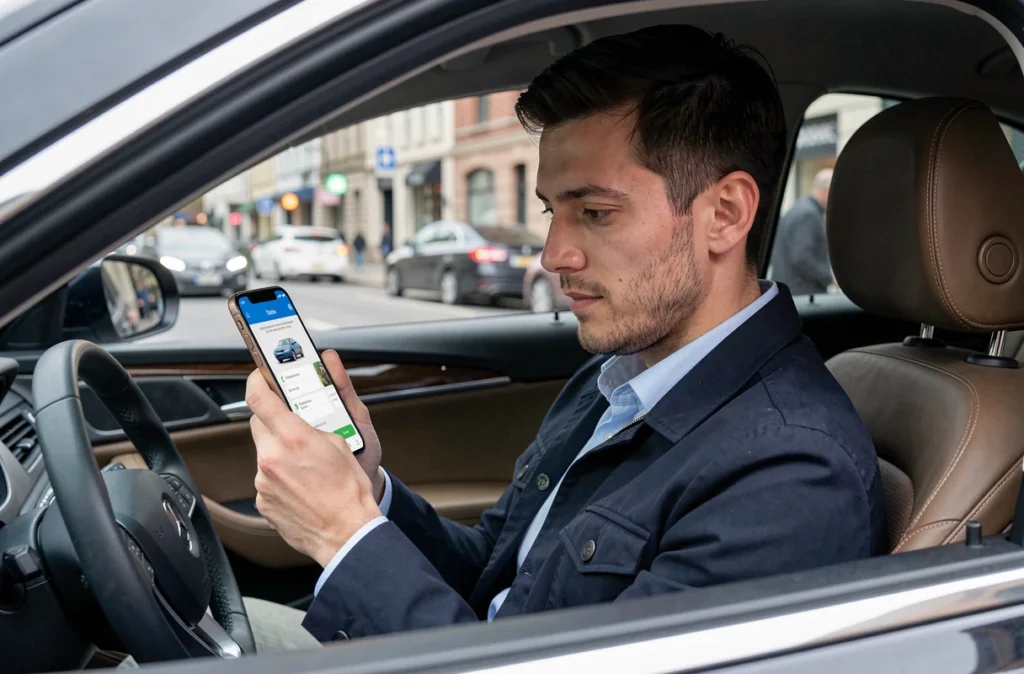 Homme consultant une application d'inscription à l'examen du permis de conduire sur son smartphone dans une voiture en ville