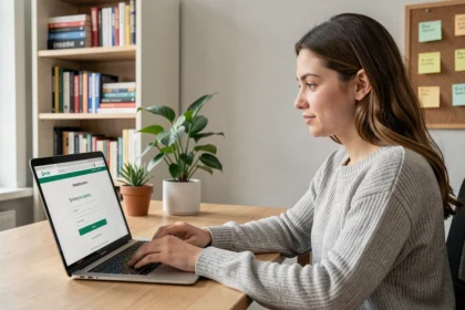 Jeune femme inscrivant son examen du permis de conduire en ligne sur un ordinateur portable depuis son bureau à domicile