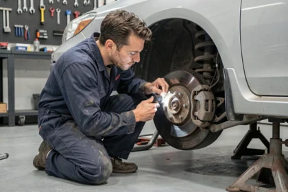 Mécanicien inspectant les freins et la suspension d'une Subaru Impreza WRX avant un essai routier dans un garage privé