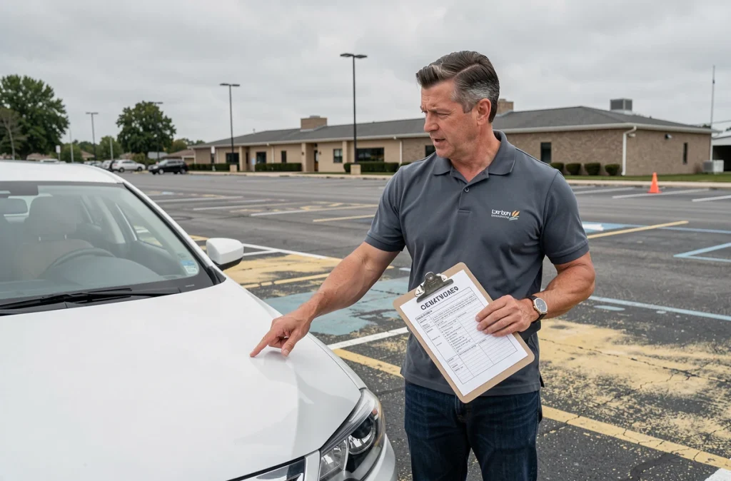 Moniteur d'auto-école expliquant les vérifications du véhicule avant l'oral du permis de conduire