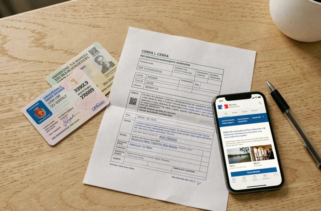 Vue de dessus d'un permis de conduire français posé sur un bureau avec un formulaire CERFA et un stylo pour comprendre le numéro NEPH