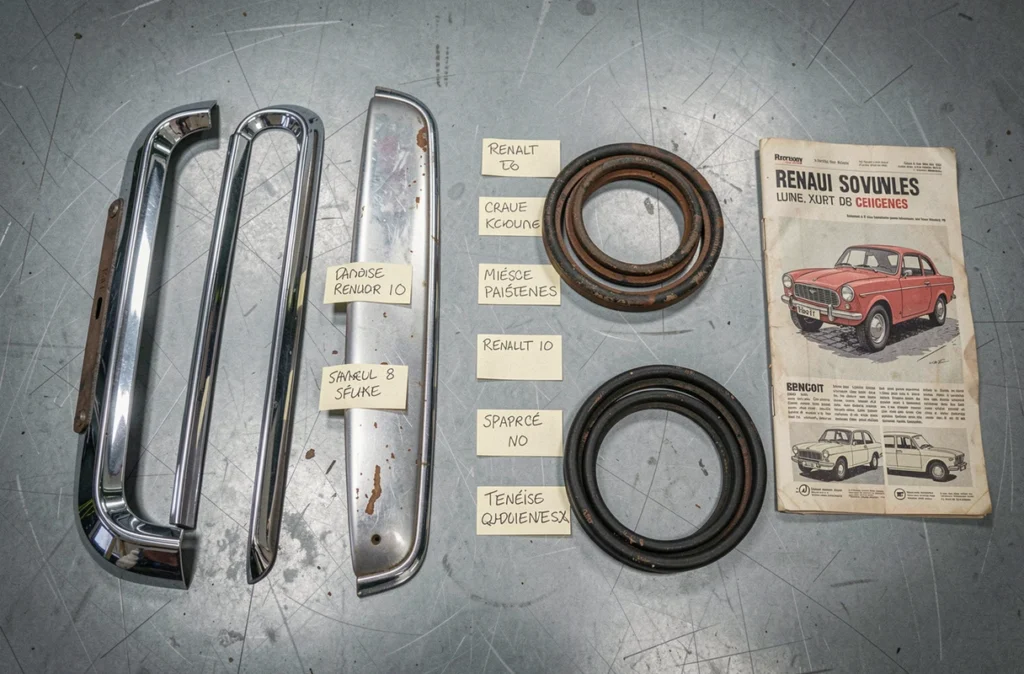 Pièces détachées comparées de la Renault 8 et de la Renault 10 disposées sur un sol de garage pour un projet de restauration