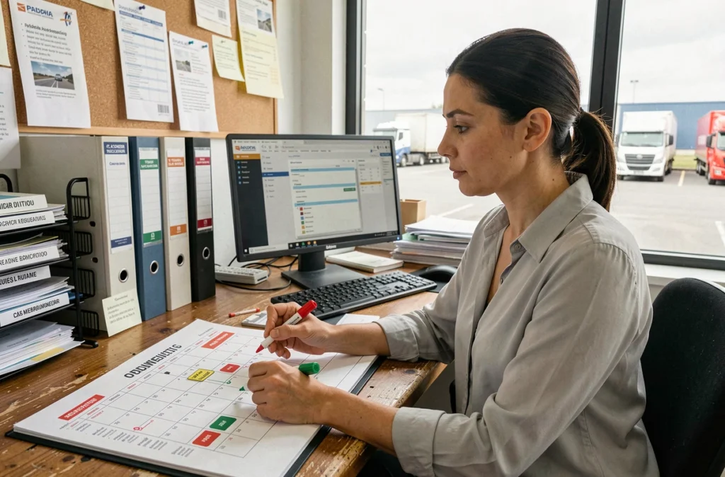 Responsable logistique planifiant les jours d'interdiction de circulation poids lourds sur un calendrier dans un bureau de transport français