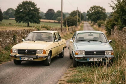 Renault 8 et Renault 10 garées côte à côte sur une route de campagne française pour comparer les deux modèles classiques