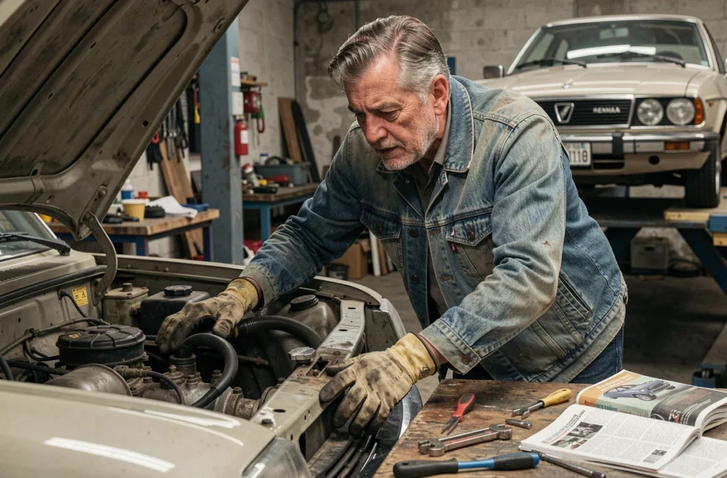 Mécanicien inspectant le moteur arrière d'une Renault 8 dans un atelier de restauration de voitures anciennes