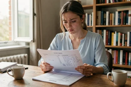 Jeune femme révisant une checklist de vérification pour l'oral du permis de conduire à son bureau