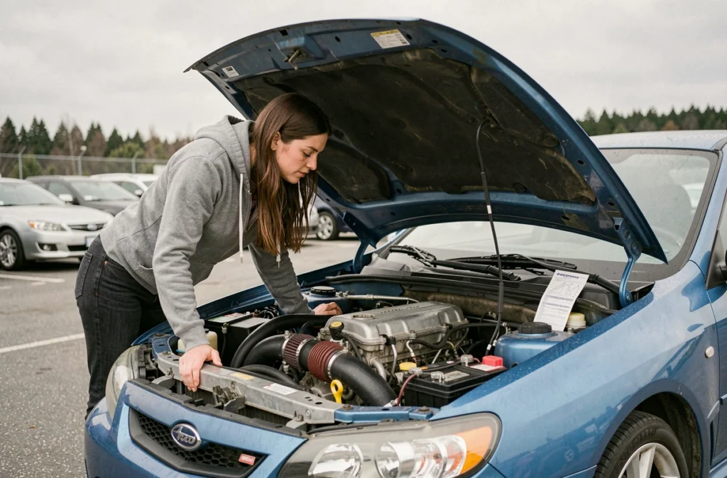 Femme vérifiant le compartiment moteur turbo d'une Subaru Impreza STI avec une liste de contrôle avant achat