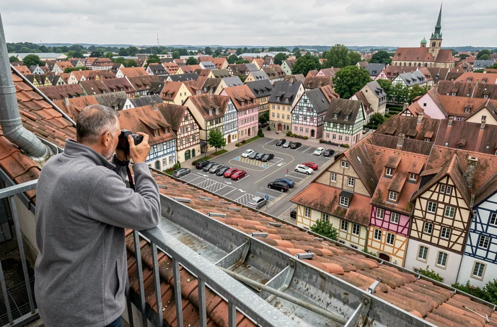 Vue panoramique en hauteur sur les toits de Colmar avec parking à ciel ouvert visible en centre-ville