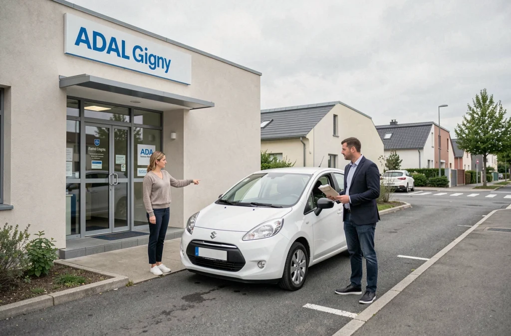 Agente ADA indiquant un véhicule de location blanc à un client dans le parking de l'agence à Grigny.
