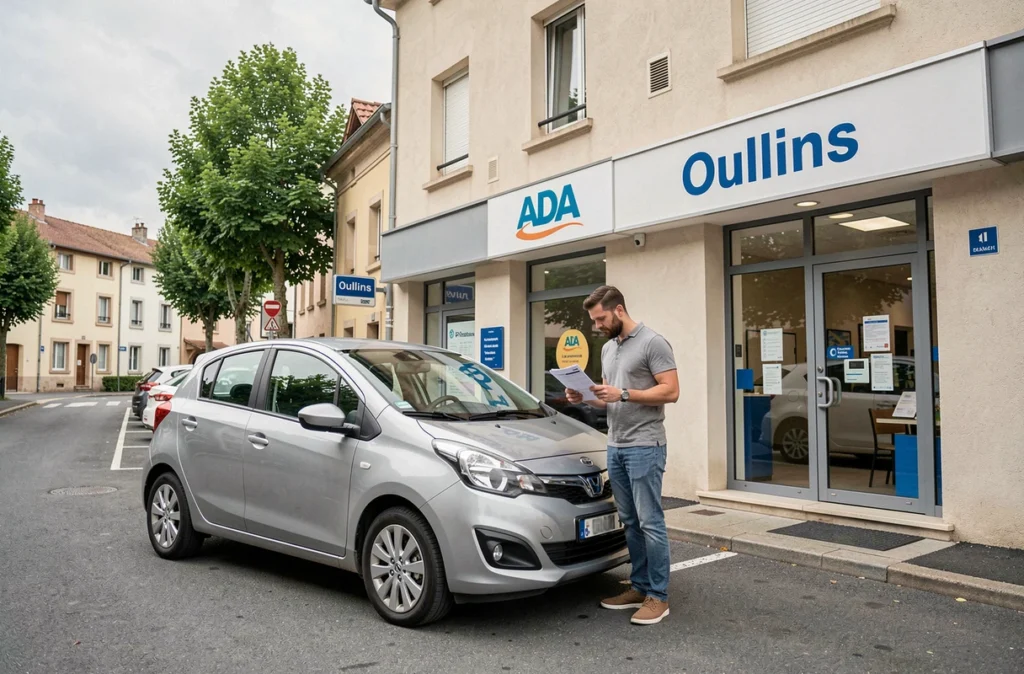 Client inspectant un véhicule de location compact devant l'agence ADA à Oullins, avec la signalétique de la marque visible en façade.
