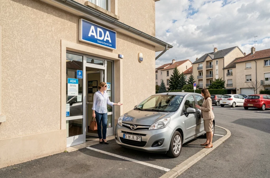 Agente ADA accueillant un client devant la façade de l'agence de location à Tassin-la-Demi-Lune avec un véhicule compact garé devant.