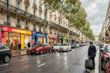Vue panoramique d'une avenue lyonnaise avec plusieurs agences de location de voitures visibles en façade, des voyageurs d'affaires et des voitures garées le long du trottoir mouillé.