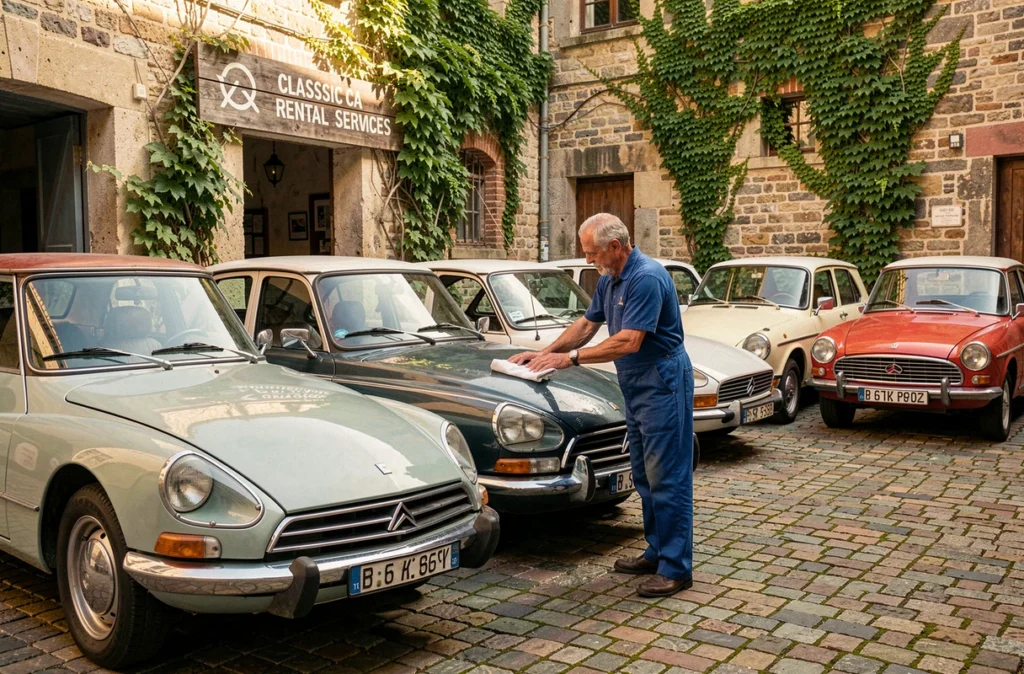 Propriétaire en salopette bleue entretenant une Citroën DS vintage dans la cour de l'agence Anciennes Autos Services à Lyon.