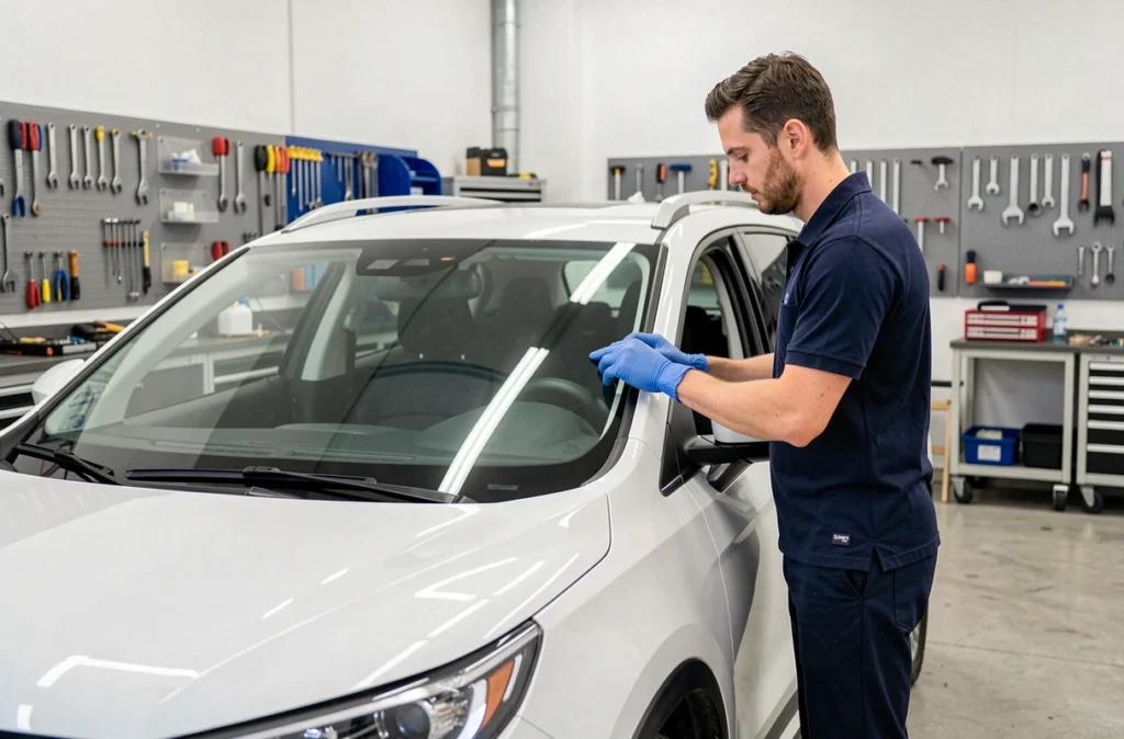 Technicien spécialiste en vitrage automobile remplaçant un pare-brise sur un SUV blanc dans l'atelier A+Glass à Porto-Vecchio