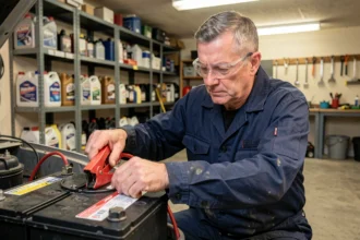 Homme branchant le câble rouge d'un chargeur de batterie sur la borne positive d'une batterie de voiture dans un garage
