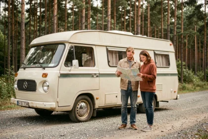 Couple de voyageurs examinant une carte routière devant un camping-car vintage garé en forêt de pins