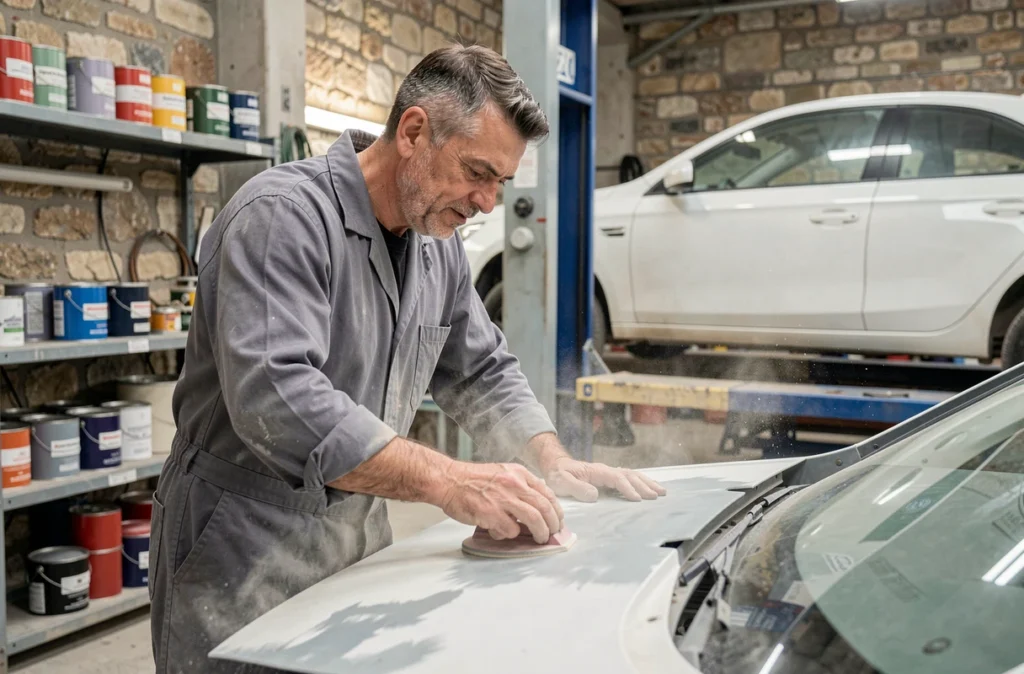 Technicien en carrosserie ponçant un panneau de voiture dans l'atelier de la Carrosserie U Punticchiu à Santa-Lucia-di-Moriani