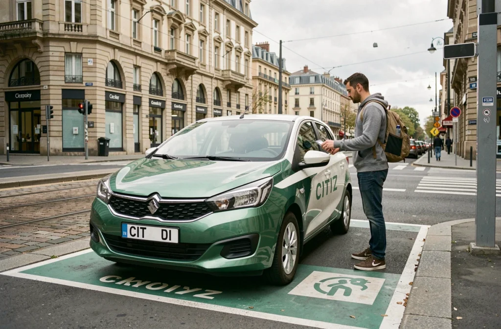 Utilisateur Citiz approchant une voiture en libre-service verte et blanche garée dans une borne dédiée au centre de Lyon.