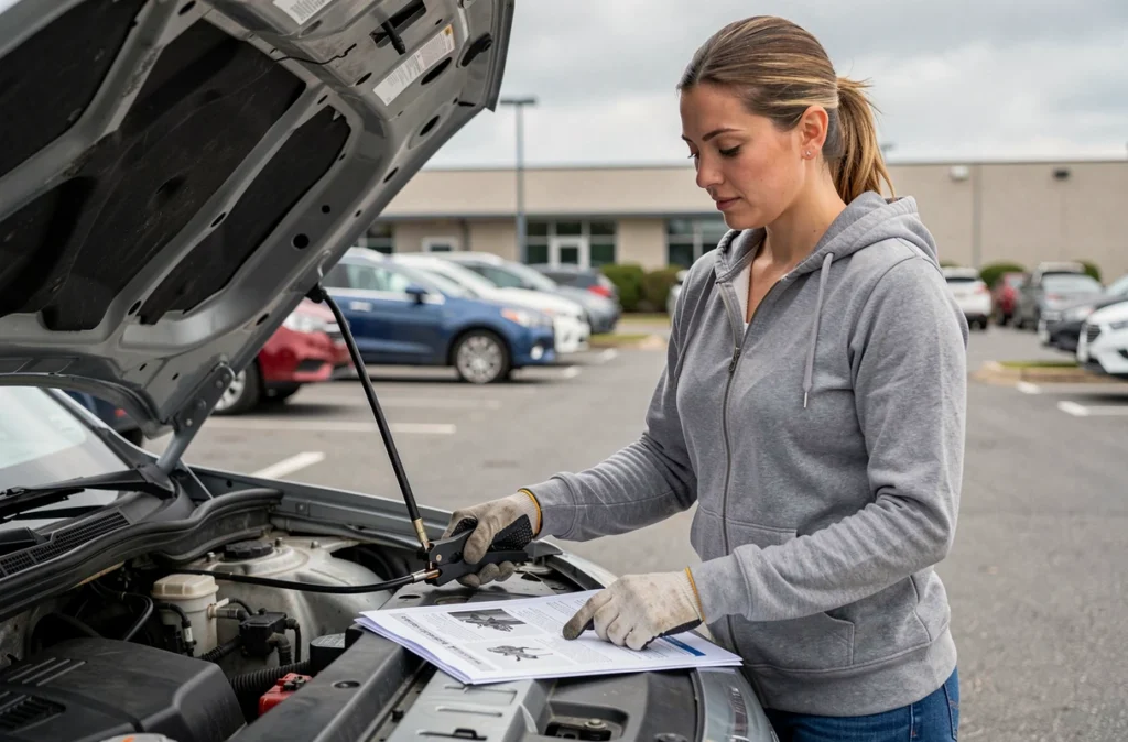 Femme connectant le câble noir de masse d'un chargeur de batterie sur le châssis d'une voiture dans un parking extérieur