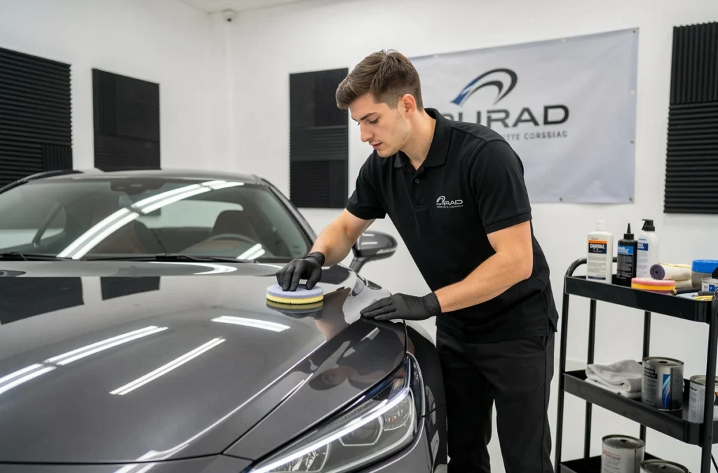 Spécialiste du détailing appliquant un revêtement de protection sur le capot d'une voiture grise dans le studio Corsica Clean à Corte