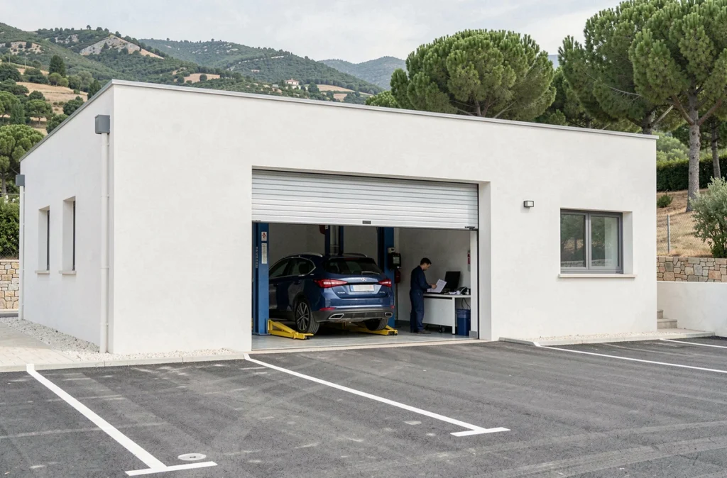 Extérieur du garage DBG Corse à Penta-di-Casinca avec un technicien visible dans l'atelier, entouré des collines verdoyantes de la Haute-Corse