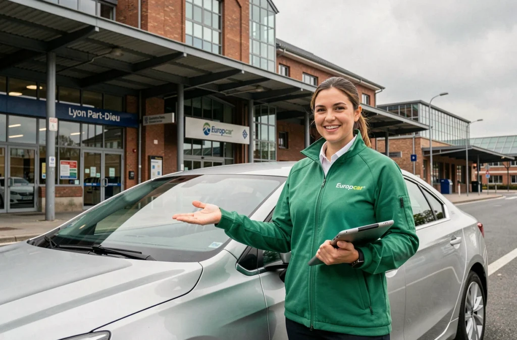 Agente Europcar en veste verte présentant un véhicule de location argent devant la gare de Lyon Part-Dieu.
