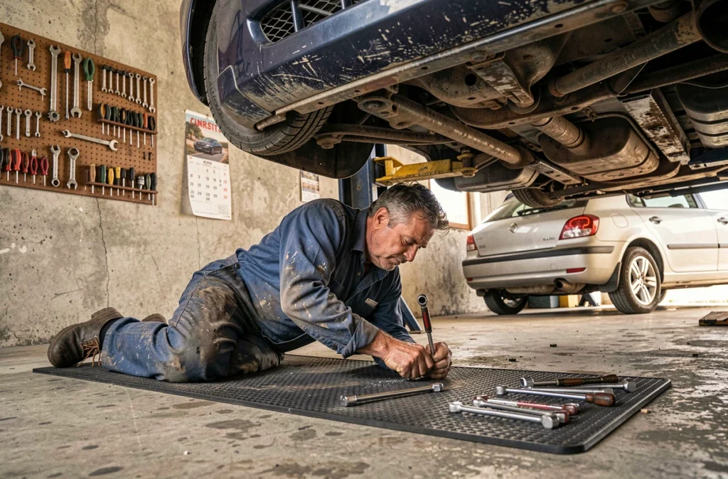 Mécanicien en salopette bleue travaillant sous un véhicule surélevé dans l'atelier de mécanique générale du Garage AKL Auto en Corse