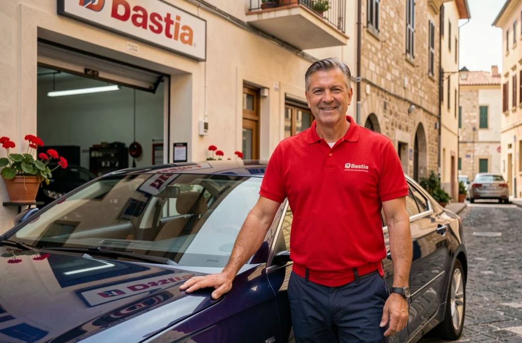 Propriétaire du Garage Automobile Tony Faillace debout devant son atelier à Bastia, appuyé sur une berline bleue avec la rue bastiais en arrière-plan