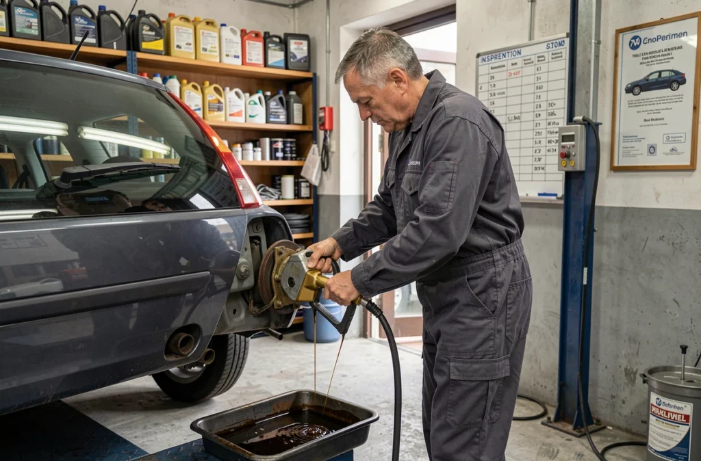 Mécanicien expérimenté effectuant une vidange sur une voiture surélevée dans l'atelier du Garage Giovannoni, spécialisé en entretien et réparation automobile