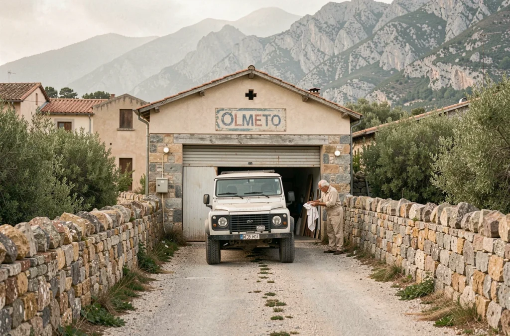 Extérieur du Garage Olmeca dans le village d'Olmeto avec façade en pierre, un 4x4 garé sur la route et un mécanicien près de l'entrée, maquis corse en arrière-plan