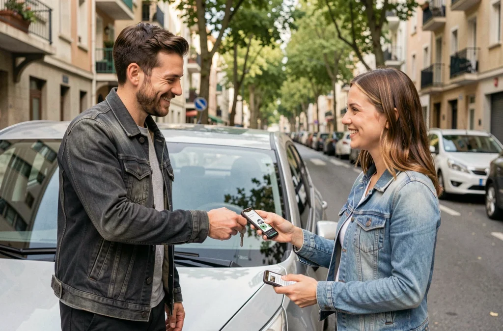 Propriétaire remettant les clés de sa voiture à une utilisatrice Getaround dans une rue résidentielle de Lyon, smartphone à la main.
